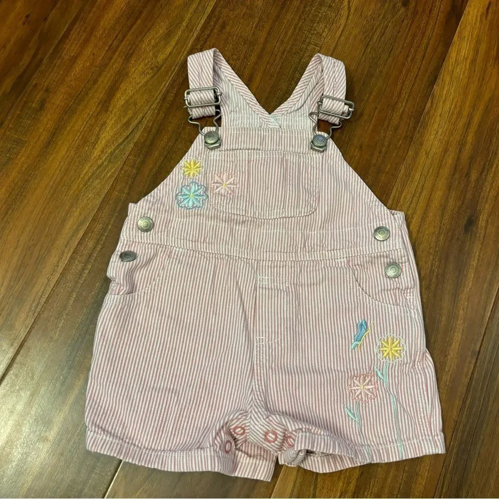 Baby Gap vintage pink stripe embroidered flowers overall shorts